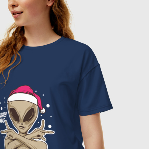 Женская футболка хлопок Oversize Alien Santa, цвет темно-синий - фото 3