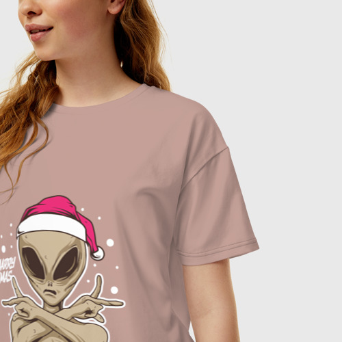 Женская футболка хлопок Oversize Alien Santa, цвет пыльно-розовый - фото 3