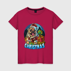 Женская футболка хлопок Рождественский мопс