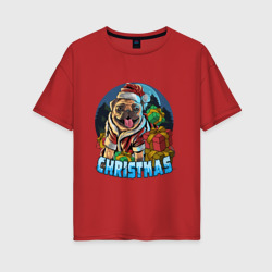 Женская футболка хлопок Oversize Рождественский мопс