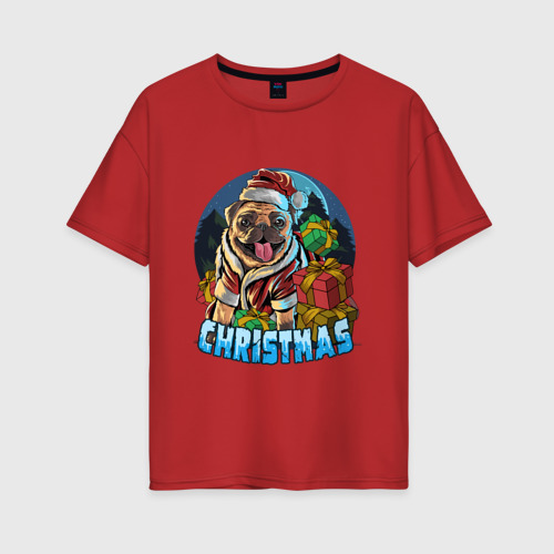 Женская футболка хлопок Oversize Рождественский мопс, цвет красный