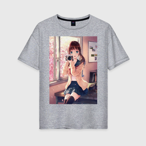 Женская футболка хлопок Oversize с принтом Фотограф-тян, вид спереди #2