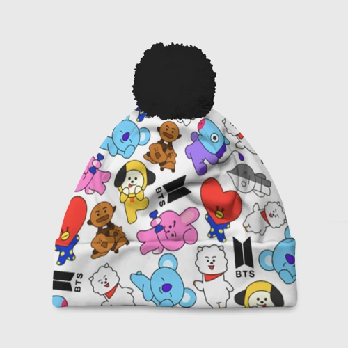 Шапка 3D c помпоном BTS BT21 паттерн персонажи-маскоты БТС