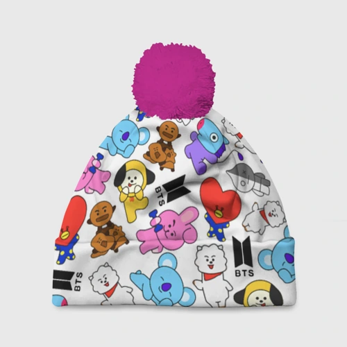 Шапка 3D c помпоном BTS BT21 паттерн персонажи-маскоты БТС