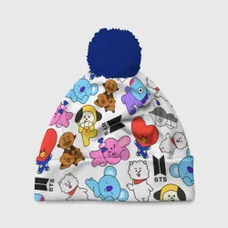 Шапка 3D c помпоном BTS BT21 паттерн персонажи-маскоты БТС