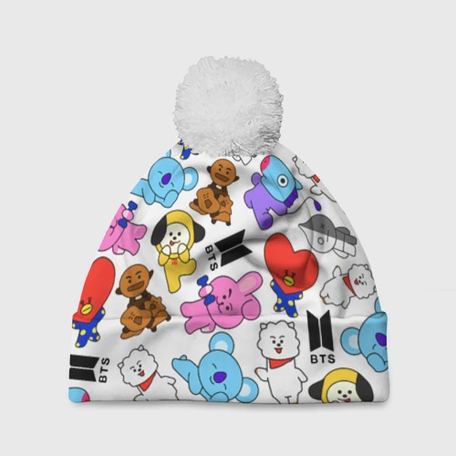 Шапка 3D c помпоном BTS BT21 паттерн персонажи-маскоты БТС