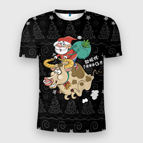 Мужская футболка 3D Slim Санта с подарками на быке, цвет 3D печать