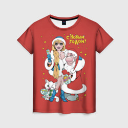 Женская футболка 3D С Новым секси годом - Снегурка и Дед под градусом