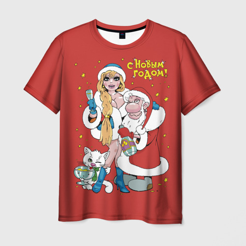 Мужская футболка с принтом С Новым секси годом - Снегурка и Дед под градусом, вид спереди №1