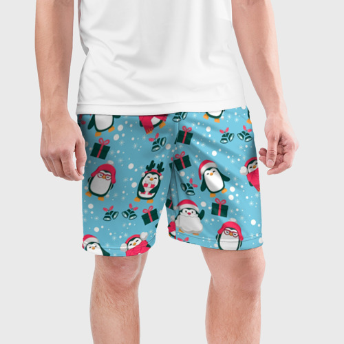 Мужские шорты спортивные Новогодние Пингвины, цвет 3D печать - фото 3