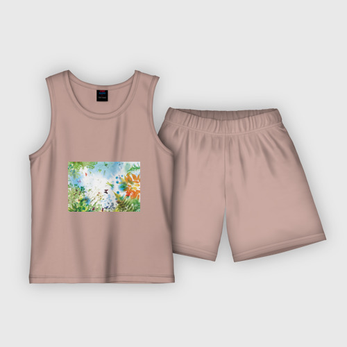 Детская пижама с шортами хлопок Summer акварель, цвет пыльно-розовый