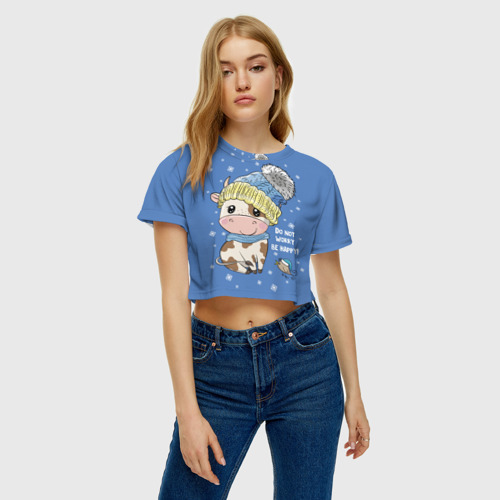 Женская футболка Crop-top 3D Do not worry be happy, цвет 3D печать - фото 3