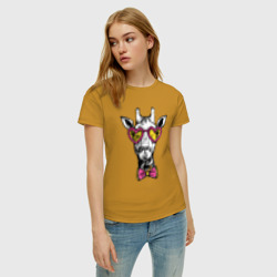 Женская футболка хлопок Жираф хипстер в очках в форме сердца - фото 2