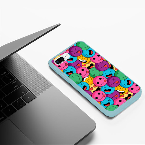 Чехол для iPhone 7Plus/8 Plus матовый Смайлики - паттерн, цвет мятный - фото 5