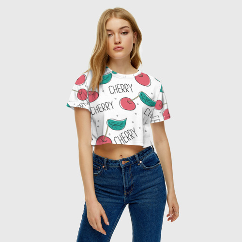 Женская футболка Crop-top 3D Вишенки Cherry, цвет 3D печать - фото 4