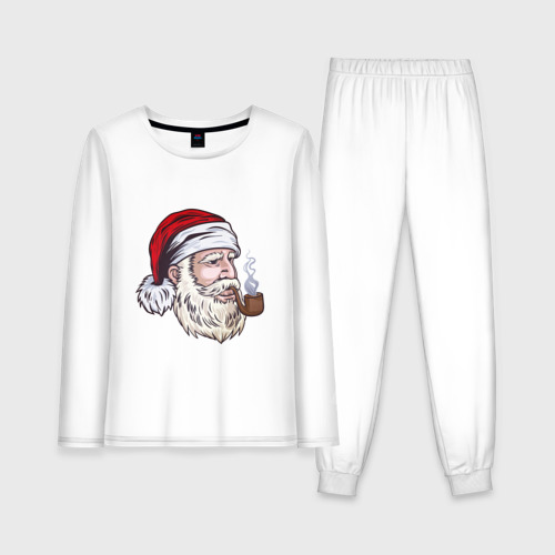 Женская пижама с лонгсливом хлопок Санта курит трубку, цвет белый