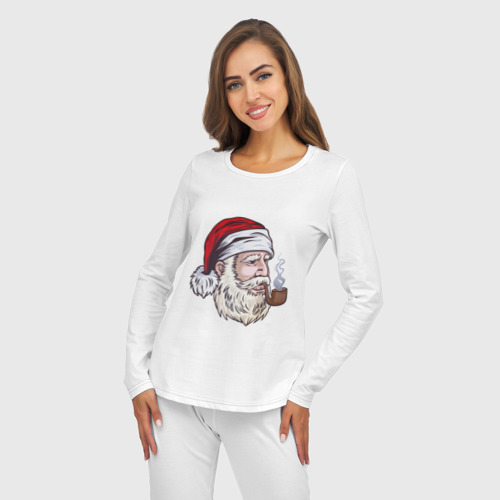 Женская пижама с лонгсливом хлопок Санта курит трубку, цвет белый - фото 5