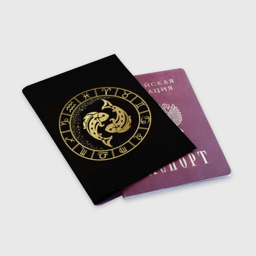 Обложка для паспорта матовая кожа Рыбы в золотом стиле, цвет фиолетовый - фото 3