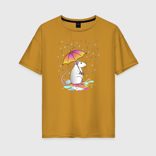 Женская футболка хлопок Oversize Крыса под зонтиком, цвет горчичный