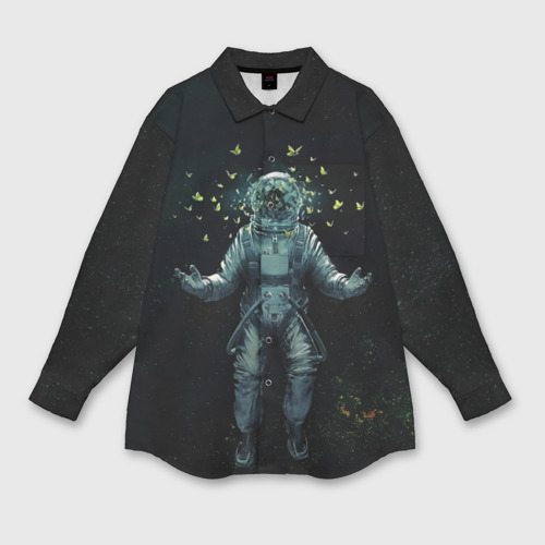 Женская рубашка oversize 3D с принтом Космонавт и бабочки в космосе, вид спереди #2