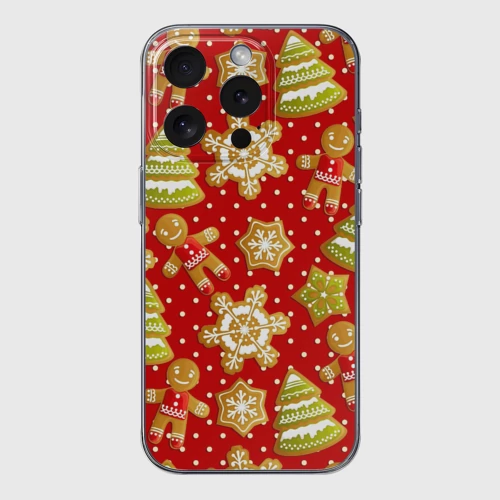 Чехол для iPhone 15 Pro силиконовый с защитой камеры С Новым Годом - пряники и елки паттерн