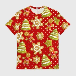 Мужская футболка 3D С Новым Годом - пряники и елки паттерн