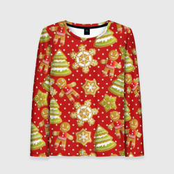 Женский лонгслив 3D С Новым Годом - пряники и елки паттерн