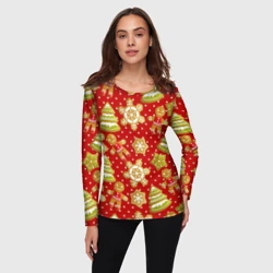 Женский лонгслив 3D С Новым Годом - пряники и елки паттерн - фото 2