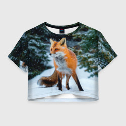 Женская футболка Crop-top 3D Лиса в зимнем лесу
