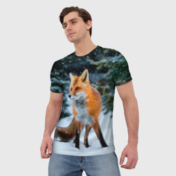 Мужская футболка 3D Лиса в зимнем лесу - фото 2