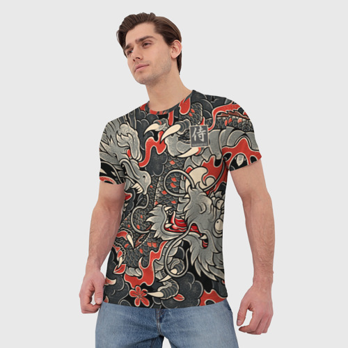 Мужская футболка 3D с принтом Самурай Якудза и драконы, фото на моделе #1