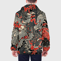 Куртка с принтом Самурай Якудза и драконы для мужчины, вид на модели сзади №2. Цвет основы: белый