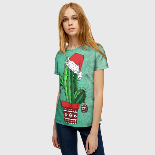 Женская футболка 3D с принтом Кактус Санта, фото на моделе #1