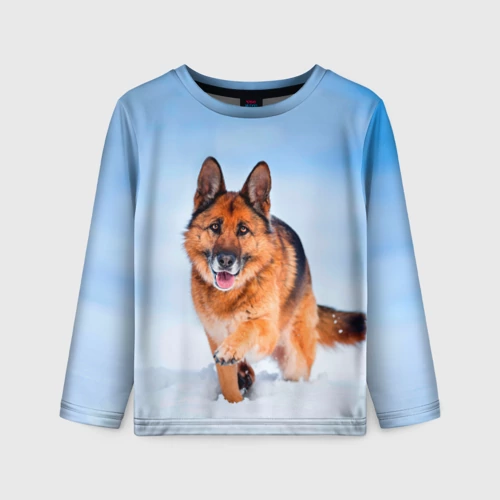 Детский лонгслив 3D с принтом Овчарка и снег, вид спереди #2