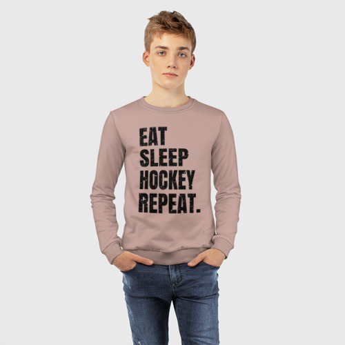 Детский свитшот хлопок EAT sleep hockey repeat, цвет пыльно-розовый - фото 7