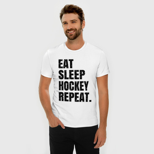 Мужская футболка хлопок Slim EAT sleep hockey repeat, цвет белый - фото 3