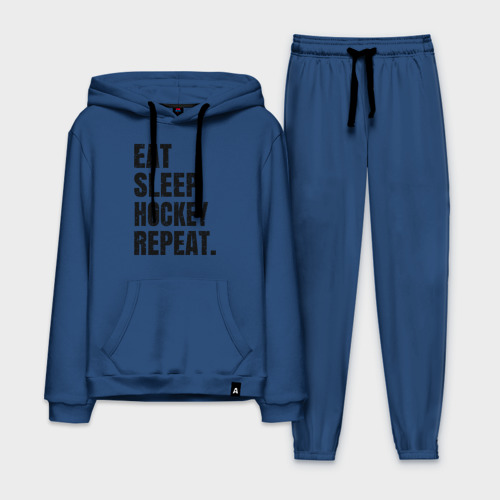 Мужской костюм хлопок с толстовкой EAT sleep hockey repeat, цвет темно-синий