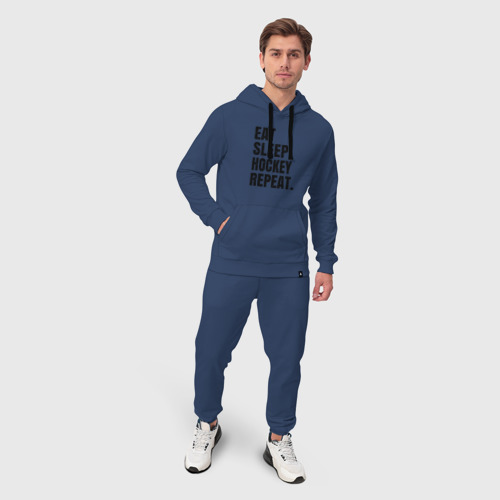 Мужской костюм хлопок с толстовкой EAT sleep hockey repeat, цвет темно-синий - фото 3
