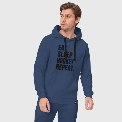 Мужской костюм хлопок с толстовкой EAT sleep hockey repeat, цвет темно-синий - фото 5