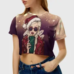 Женская футболка Crop-top 3D Снегурка хипстер рокер с кофе - фото 2