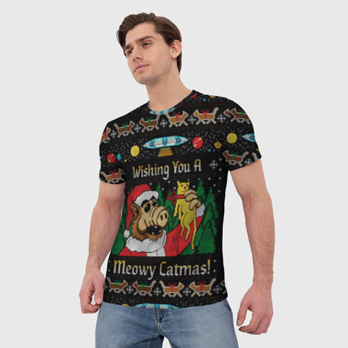 Мужская футболка 3D с принтом Wishing you a meowy catmas, фото на моделе #1