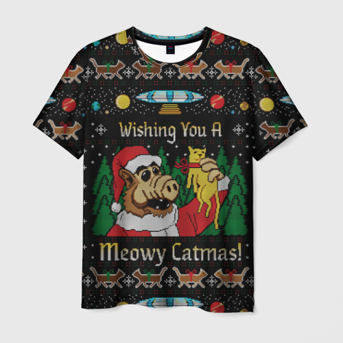 Мужская футболка 3D с принтом Wishing you a meowy catmas, вид спереди #2