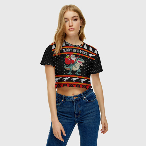 Женская футболка Crop-top 3D Merry Rex-mas, цвет 3D печать - фото 4