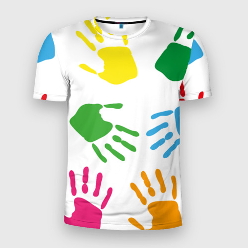 Мужская футболка 3D Slim Цветные ладошки - Детский узор, цвет 3D печать