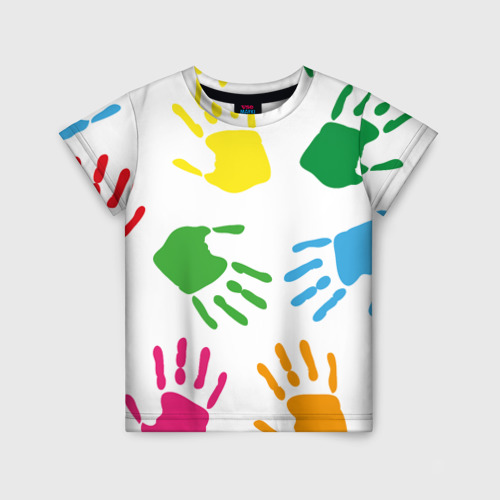 Детская футболка с принтом Цветные ладошки - Детский узор, вид спереди №1