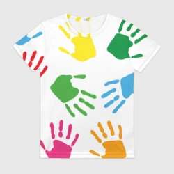 Женская футболка 3D Цветные ладошки - Детский узор