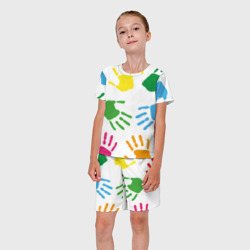 Костюм с принтом Цветные ладошки - Детский узор для ребенка, вид на модели спереди №3. Цвет основы: белый