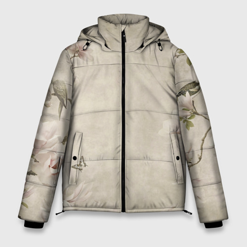 Мужская зимняя куртка 3D Цветущая сакура, цвет светло-серый