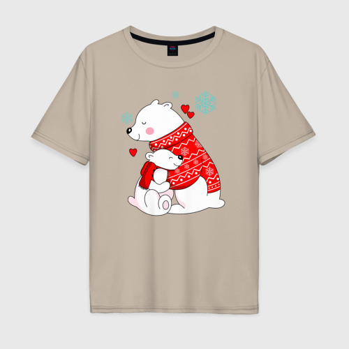 Мужская футболка хлопок Oversize Медведица с медвежонеком, цвет миндальный
