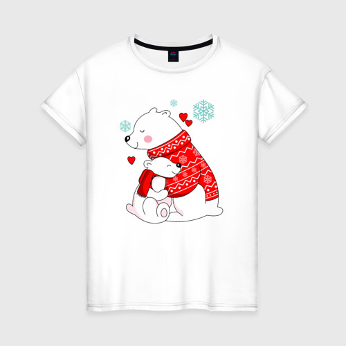 Женская футболка из хлопка с принтом Медведица с медвежонеком, вид спереди №1